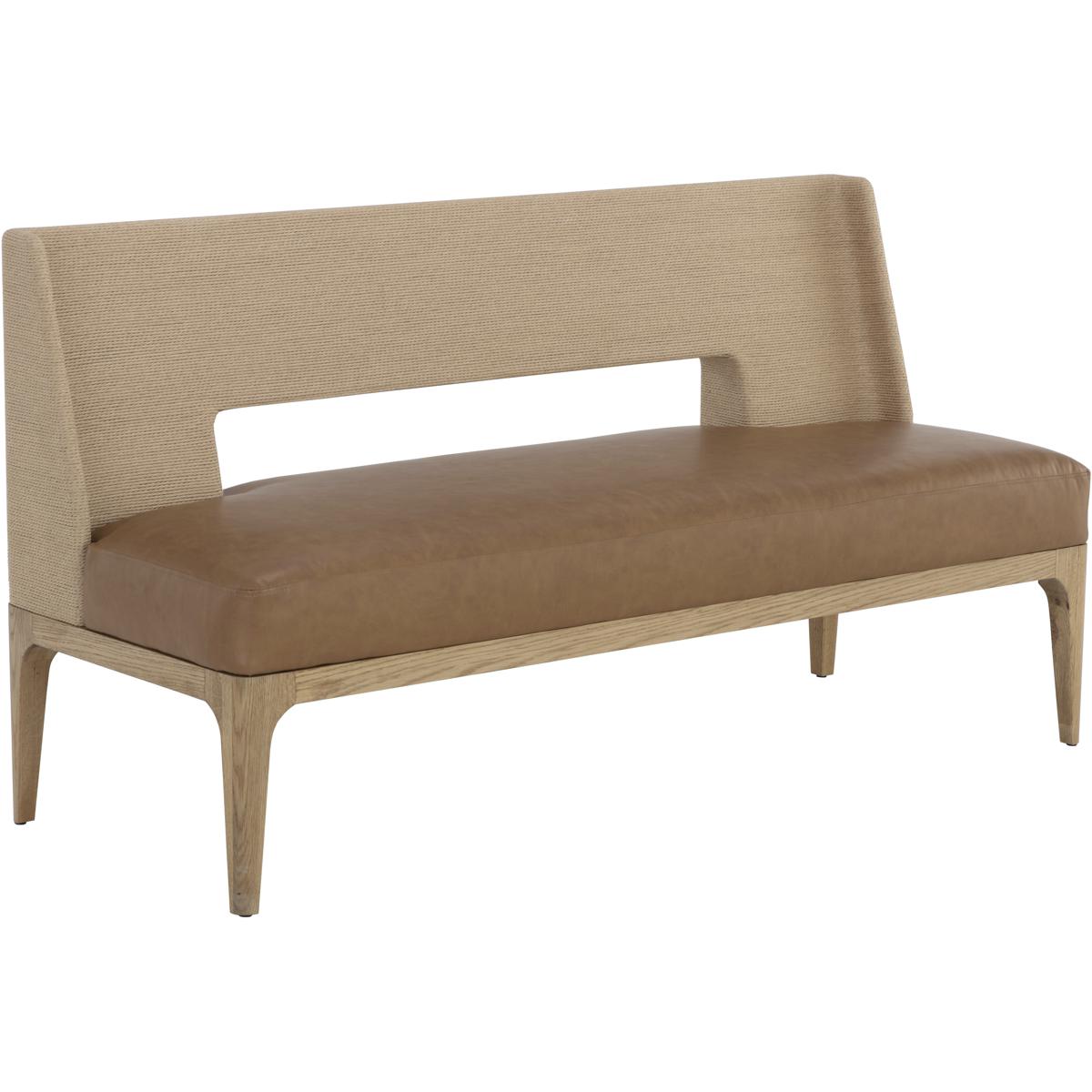 Luther Cognac Faux Leather Woven Rope Back Natural Oak Bench